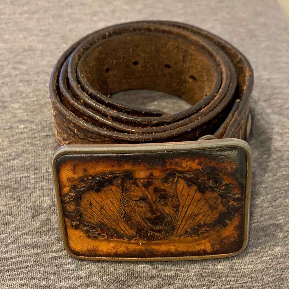 Vintage Brown Leather Belt with Wolf Buckle